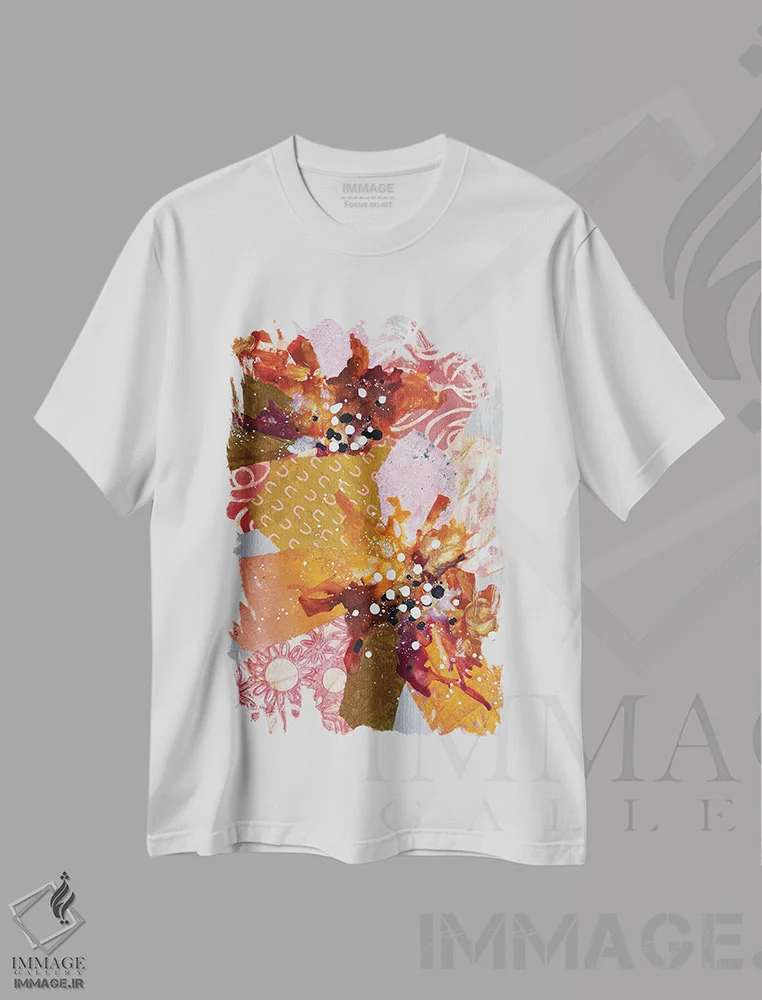 تیشرت سفید طرح دار دسته گل گلی زعفرانی، دکور معاصر اثر لیان داکینو | فروشگاه ایماژ