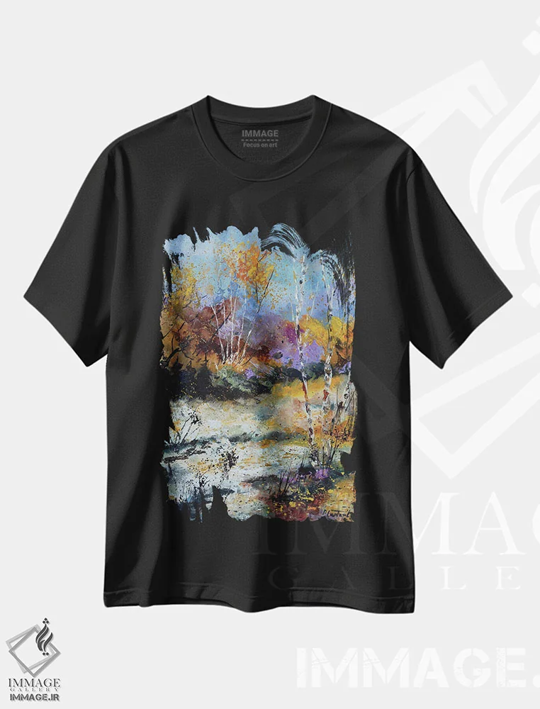 تیشرت مشکی طرح دار بازشدگی پاییزی، آبستره اثر پل لدنت | فروشگاه ایماژ
