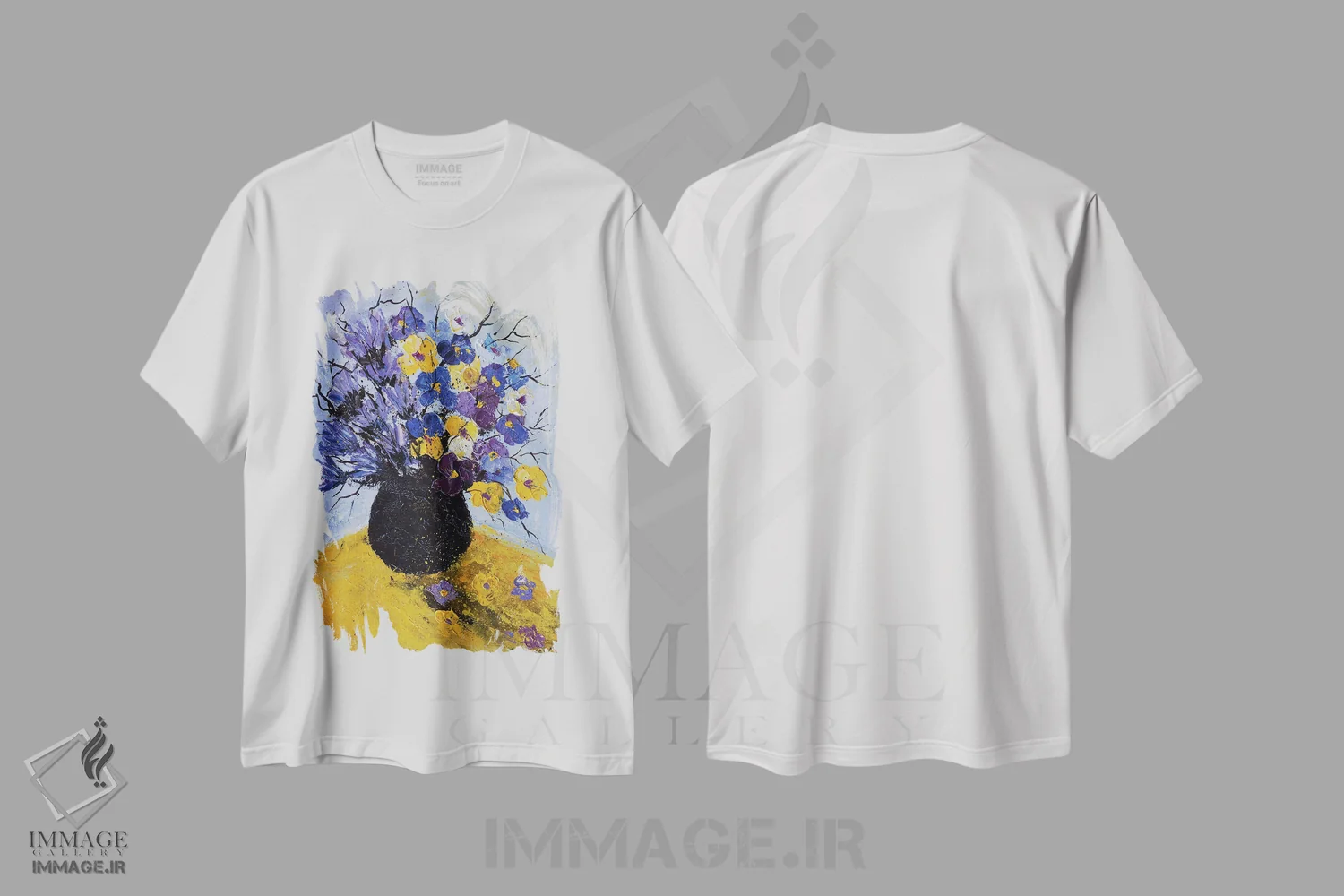 تیشرت سفید طرح دار بنفشه و گل گندم، آبستره اثر پل لدنت | فروشگاه ایماژ