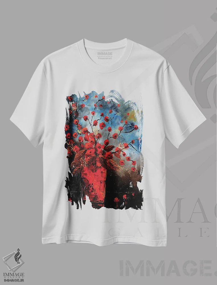 تیشرت سفید طرح دار طبیعت بی جان قرمز، آبستره اثر پل لدنت | فروشگاه ایماژ