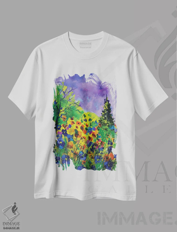 تیشرت سفید طرح دار جنگل تابستانی، آبستره اثر پل لدنت | فروشگاه ایماژ