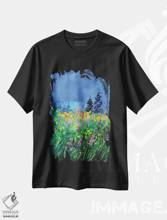 تیشرت مشکی طرح دار گل های گل مینا، آبستره اثر پل لدنت | فروشگاه ایماژ