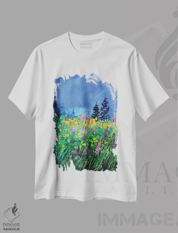 تیشرت سفید طرح دار گل های گل مینا، آبستره اثر پل لدنت | immage.ir