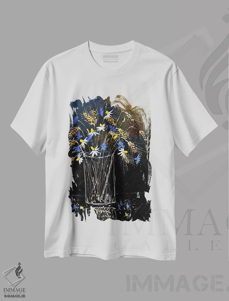 تیشرت سفید طرح دار طبیعت بی جان با گل های صحرایی، دکور معاصر اثر پل لدنت | فروشگاه ایماژ