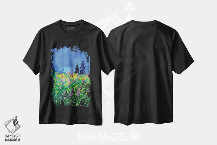 تیشرت مشکی طرح دار گل های گل مینا، آبستره اثر پل لدنت | فروشگاه ایماژ