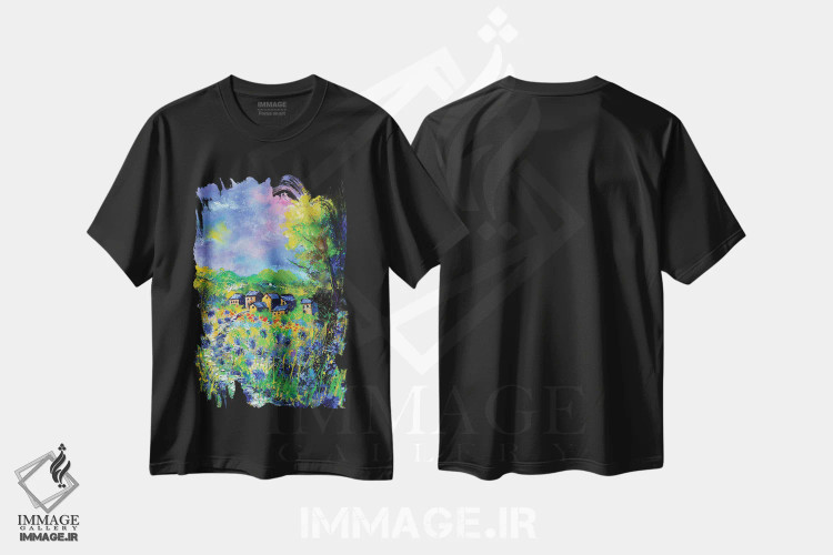 تیشرت مشکی طرح دار در میان گل های گندم نما، آبستره اثر پل لدنت | فروشگاه ایماژ