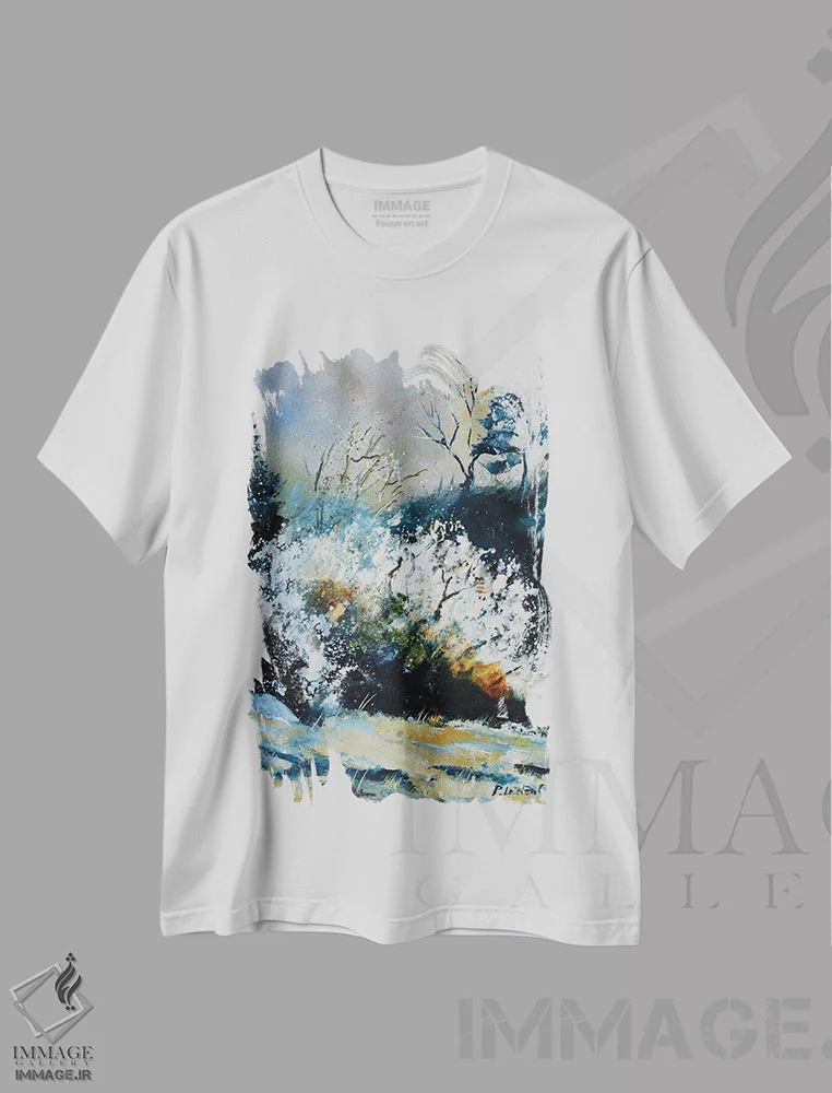 تیشرت سفید طرح دار درخت زالزالک شکوفا، آبستره اثر پل لدنت | فروشگاه ایماژ