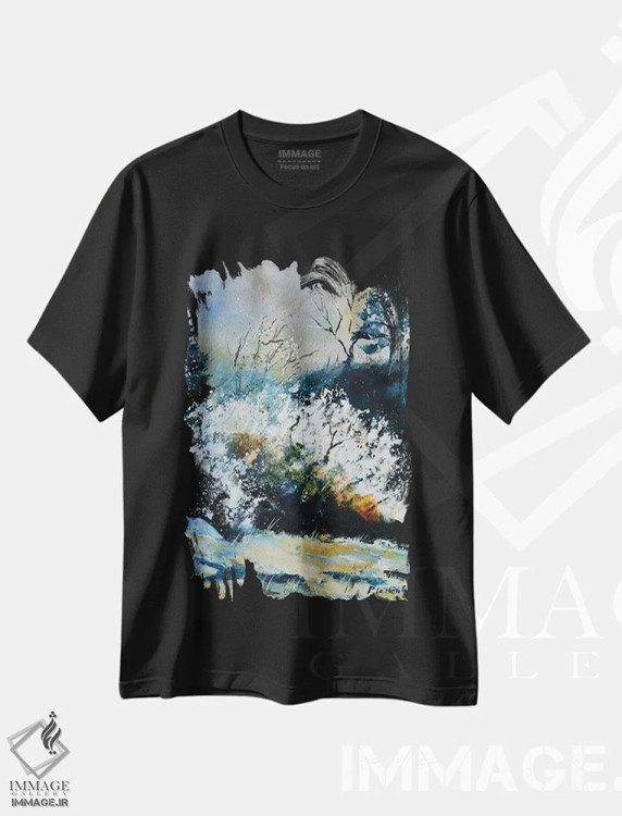 تیشرت مشکی طرح دار درخت زالزالک شکوفا، آبستره اثر پل لدنت | immage.ir
