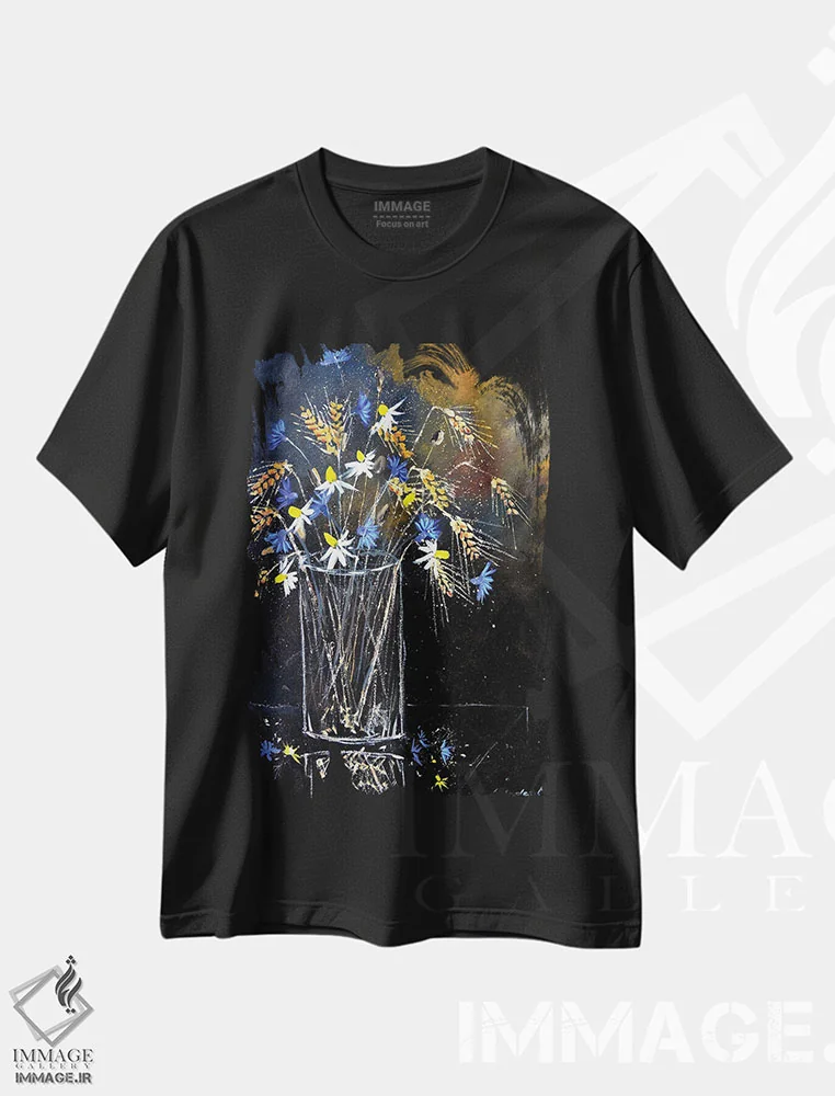 تیشرت مشکی طرح دار طبیعت بی جان با گل های گندم نمای آبی، آبستره اثر پل لدنت | فروشگاه ایماژ