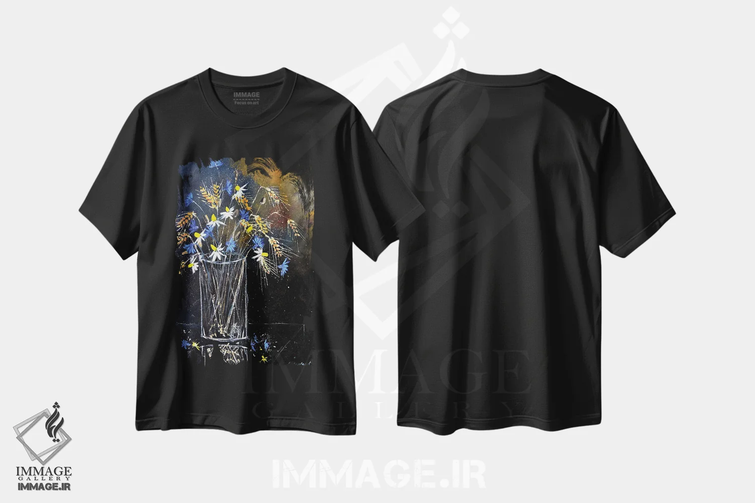 تیشرت مشکی طرح دار طبیعت بی جان با گل های گندم نمای آبی، آبستره اثر پل لدنت | فروشگاه ایماژ