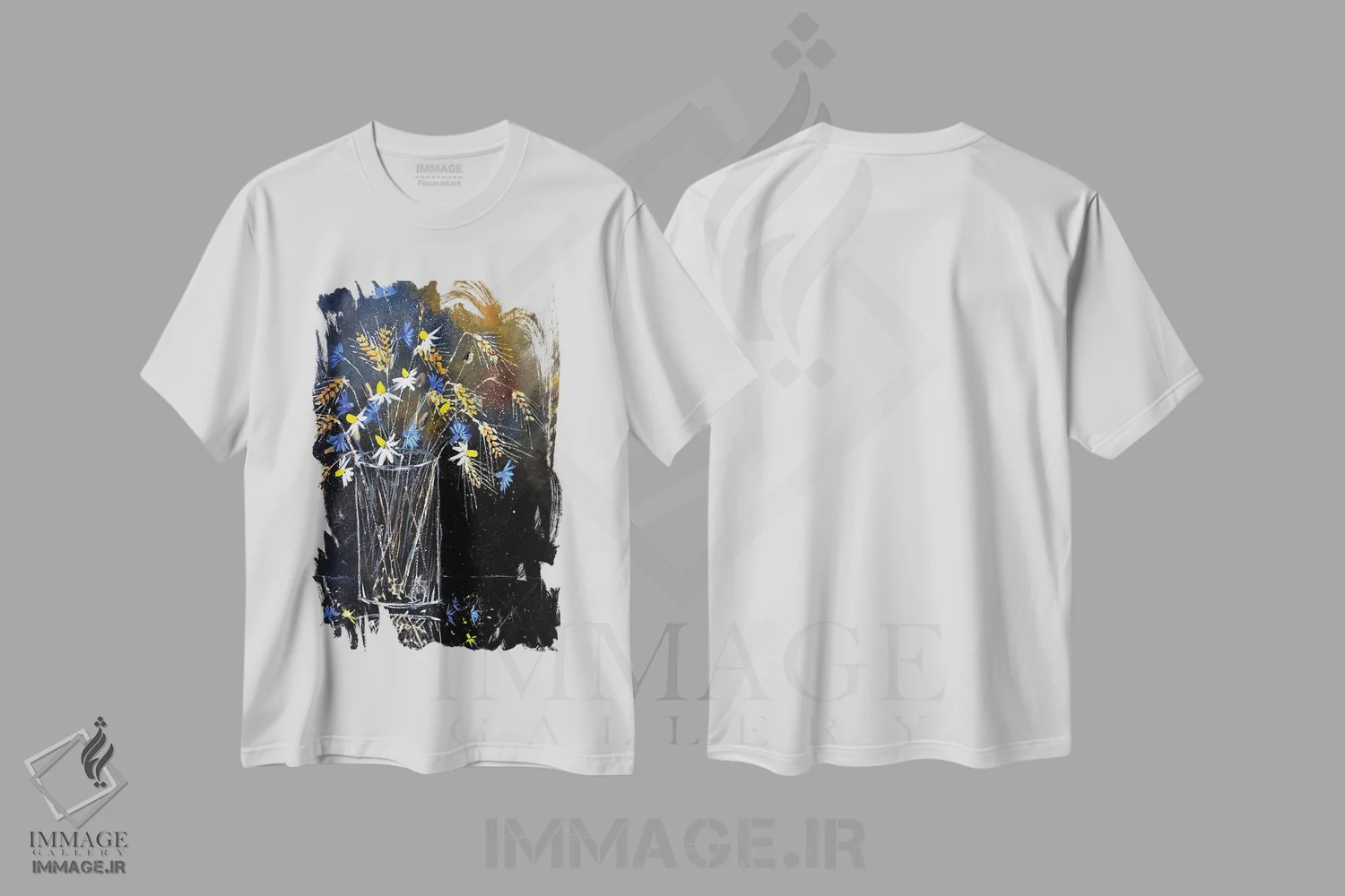 تیشرت سفید طرح دار طبیعت بی جان با گل های گندم نمای آبی، آبستره اثر پل لدنت | immage.ir