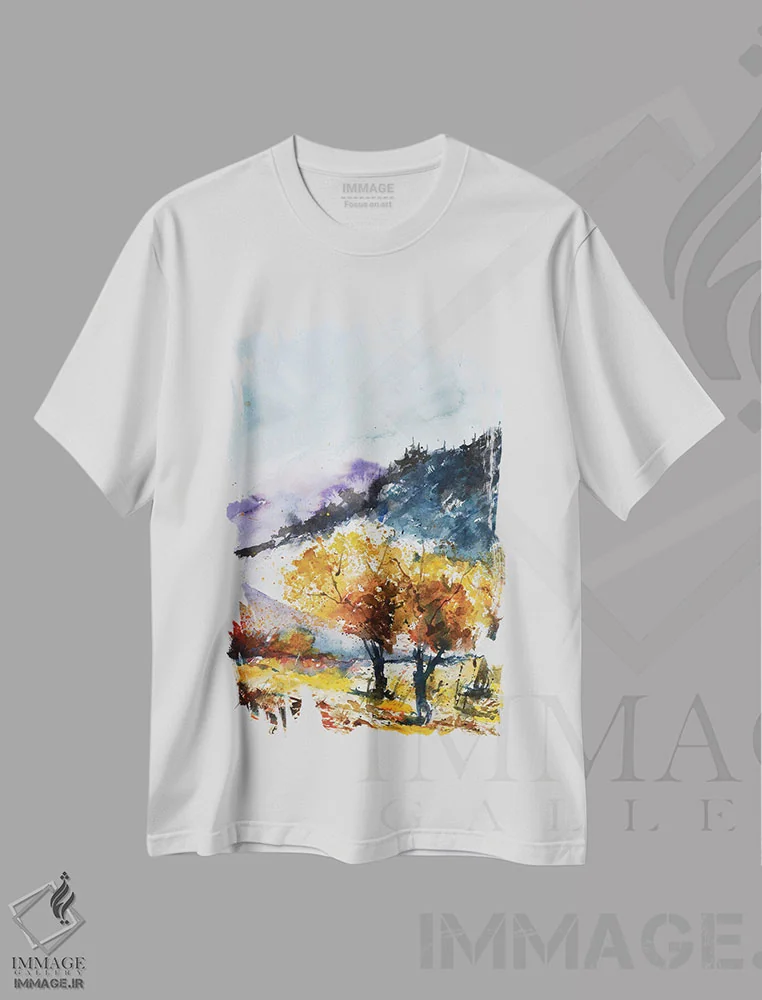 تیشرت سفید طرح دار نزدیک شدن پاییز، هنر فاخر معاصر اثر پل لدنت | فروشگاه ایماژ