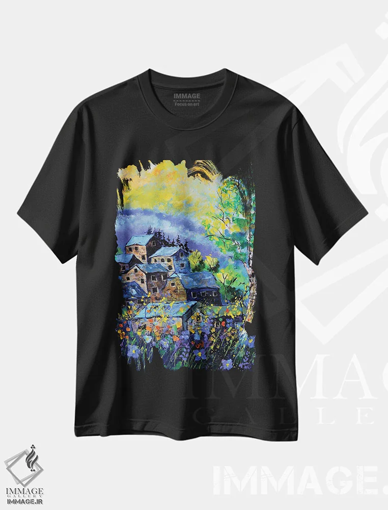 تیشرت مشکی طرح دار چند خانه قدیمی در تابستان، دکور معاصر اثر پل لدنت | فروشگاه ایماژ