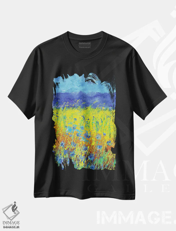 تیشرت مشکی طرح دار گل های گندم نمای آبی، هنر فاخر معاصر اثر پل لدنت | immage.ir
