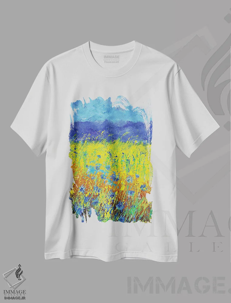 تیشرت سفید طرح دار گل های گندم نمای آبی، هنر فاخر معاصر اثر پل لدنت | فروشگاه ایماژ