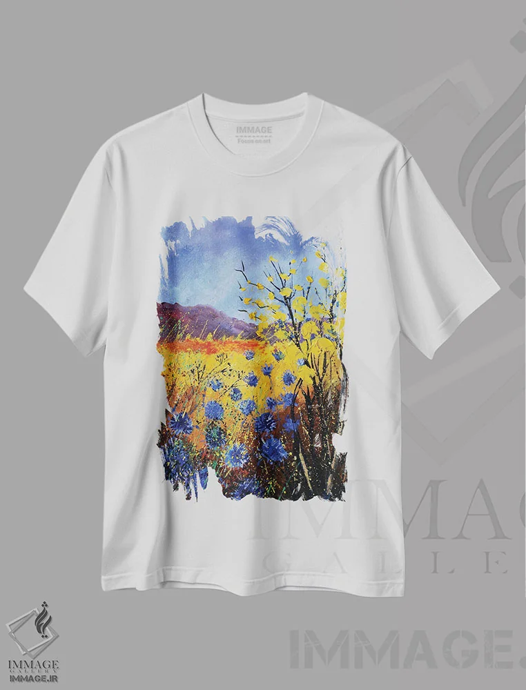 تیشرت سفید طرح دار گل های گندم نما، آبستره اثر پل لدنت | فروشگاه ایماژ