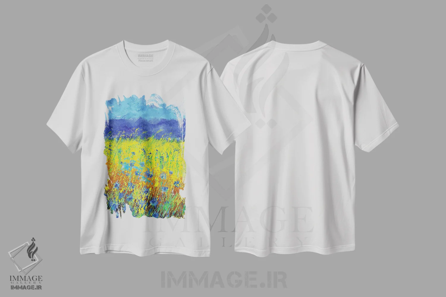 تیشرت سفید طرح دار گل های گندم نمای آبی، هنر فاخر معاصر اثر پل لدنت | فروشگاه ایماژ
