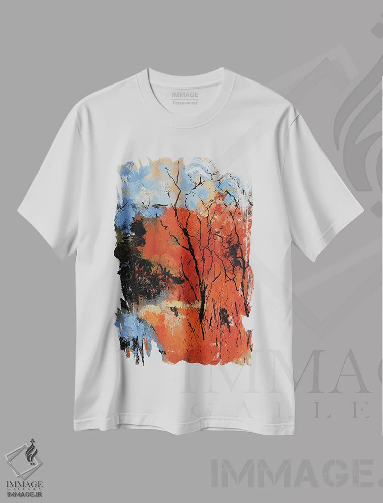 تیشرت سفید طرح دار پاییز انتزاعی، آبستره اثر پل لدنت | فروشگاه ایماژ