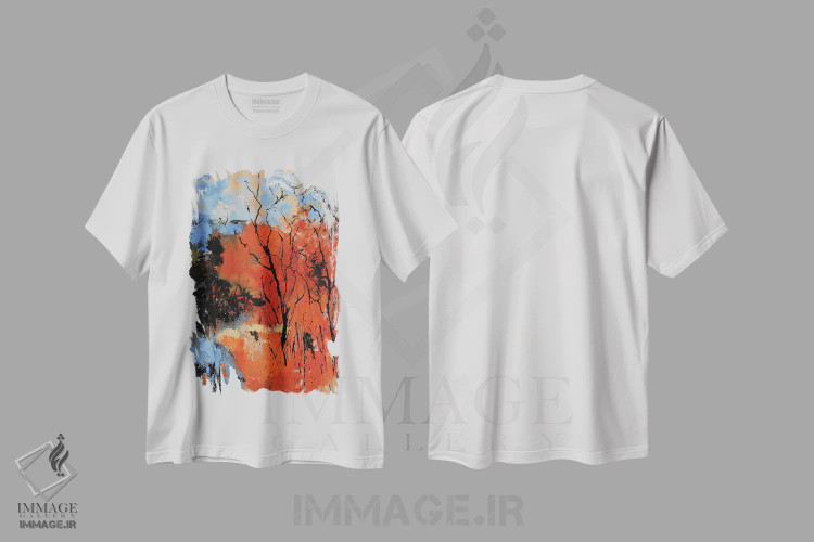تیشرت سفید طرح دار پاییز انتزاعی، آبستره اثر پل لدنت | فروشگاه ایماژ