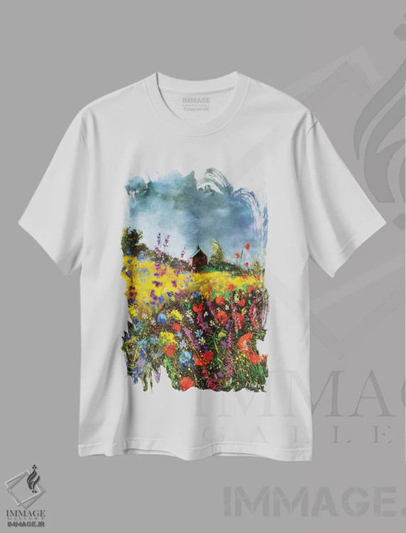 تیشرت سفید طرح دار کلیسای کوچک قدیمی و شقایق ها، دکور معاصر اثر پل لدنت | immage.ir