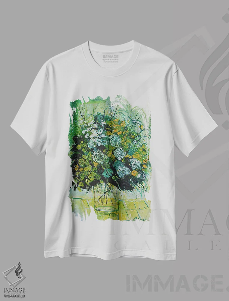 تیشرت سفید طرح دار طبیعت بی جان سبز، دکور معاصر اثر پل لدنت | فروشگاه ایماژ