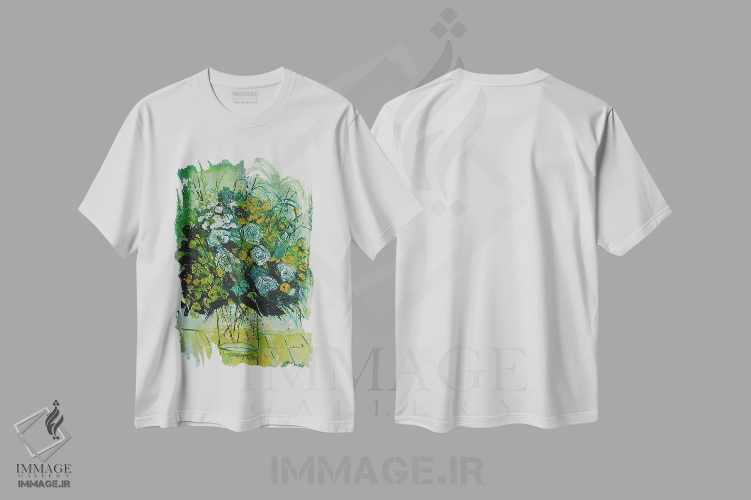 تیشرت سفید طرح دار طبیعت بی جان سبز، دکور معاصر اثر پل لدنت | فروشگاه ایماژ