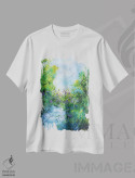 تیشرت سفید طرح دار آب های آرام و گل های بنفش، آبستره اثر پل لدنت | فروشگاه ایماژ