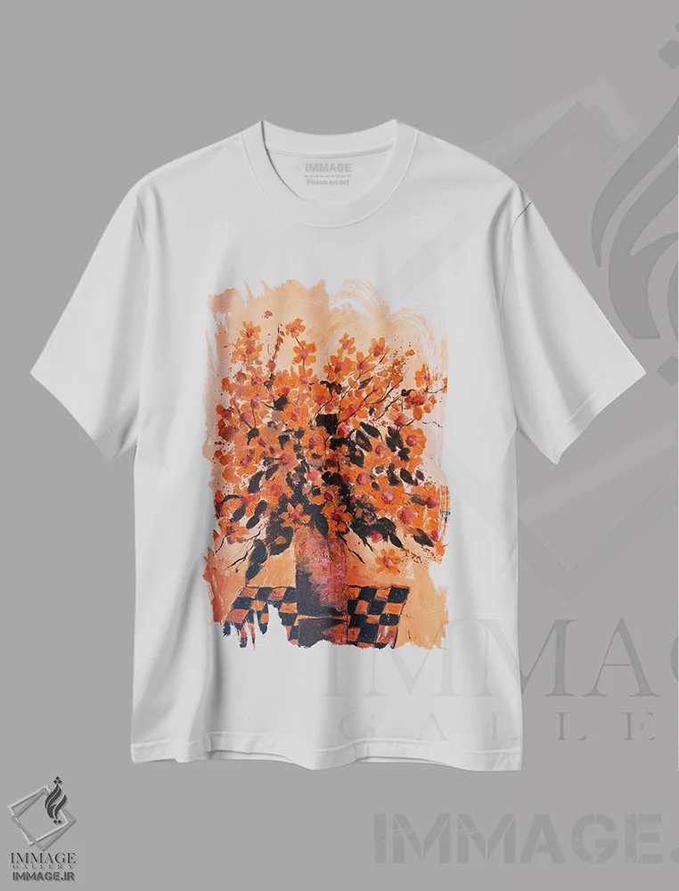 تیشرت سفید طرح دار طبیعت بی جان نارنجی، مدیوم اثر پل لدنت | immage.ir