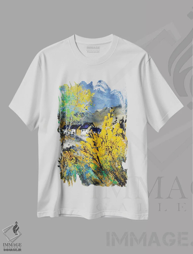 تیشرت سفید طرح دار بهار کامل زیر آسمان طوفانی، آبستره اثر پل لدنت | فروشگاه ایماژ