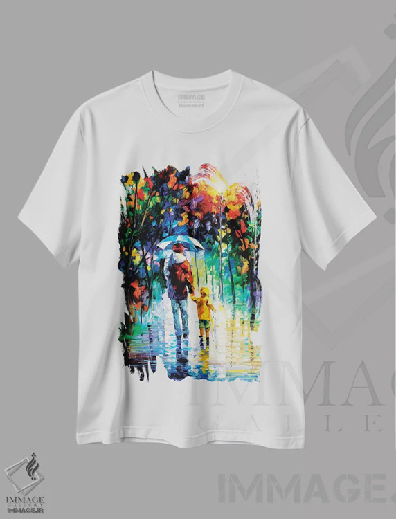 تیشرت سفید طرح دار پیاده روی بارانی با پدر، دکور معاصر اثر لئونید آفرموف | فروشگاه ایماژ