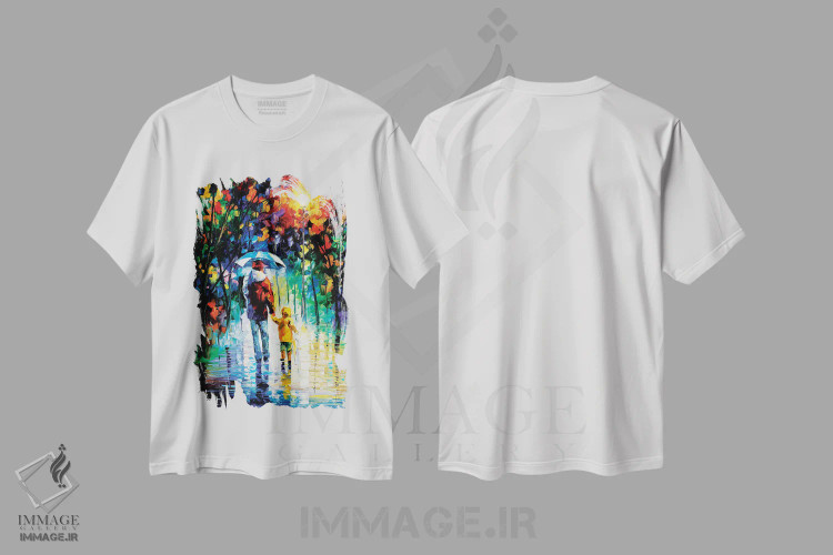 تیشرت سفید طرح دار پیاده روی بارانی با پدر، دکور معاصر اثر لئونید آفرموف | فروشگاه ایماژ