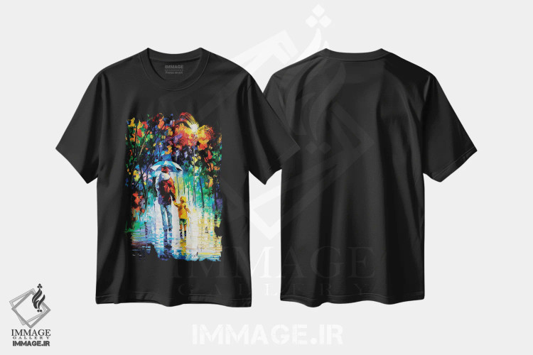 تیشرت مشکی طرح دار پیاده روی بارانی با پدر، دکور معاصر اثر لئونید آفرموف | immage.ir