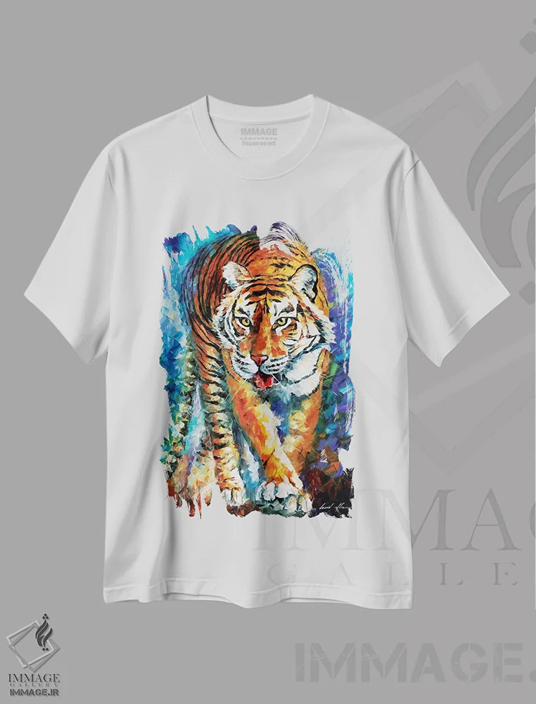 تیشرت سفید طرح دار ببر ترسناک، دکور معاصر اثر لئونید آفرموف | immage.ir
