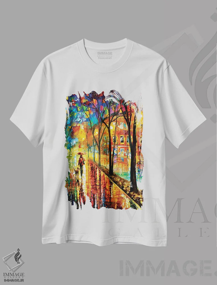 تیشرت سفید طرح دار قدم زدن با سگ، دکور معاصر اثر لئونید آفرموف | فروشگاه ایماژ