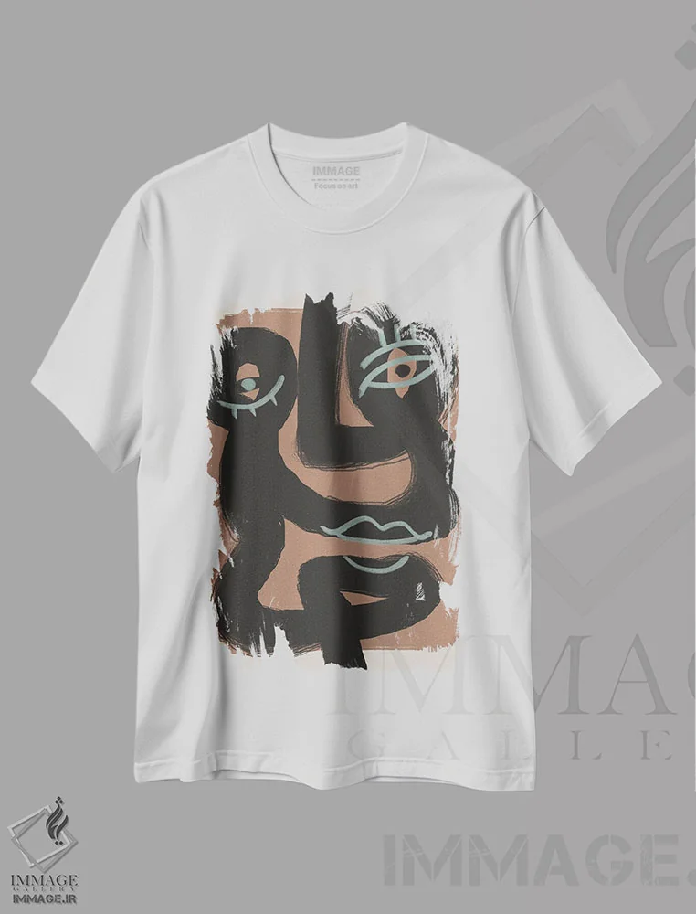 تیشرت سفید طرح دار دو پرتره انتزاعی مشکی، آبستره اثر لیتل دین | immage.ir