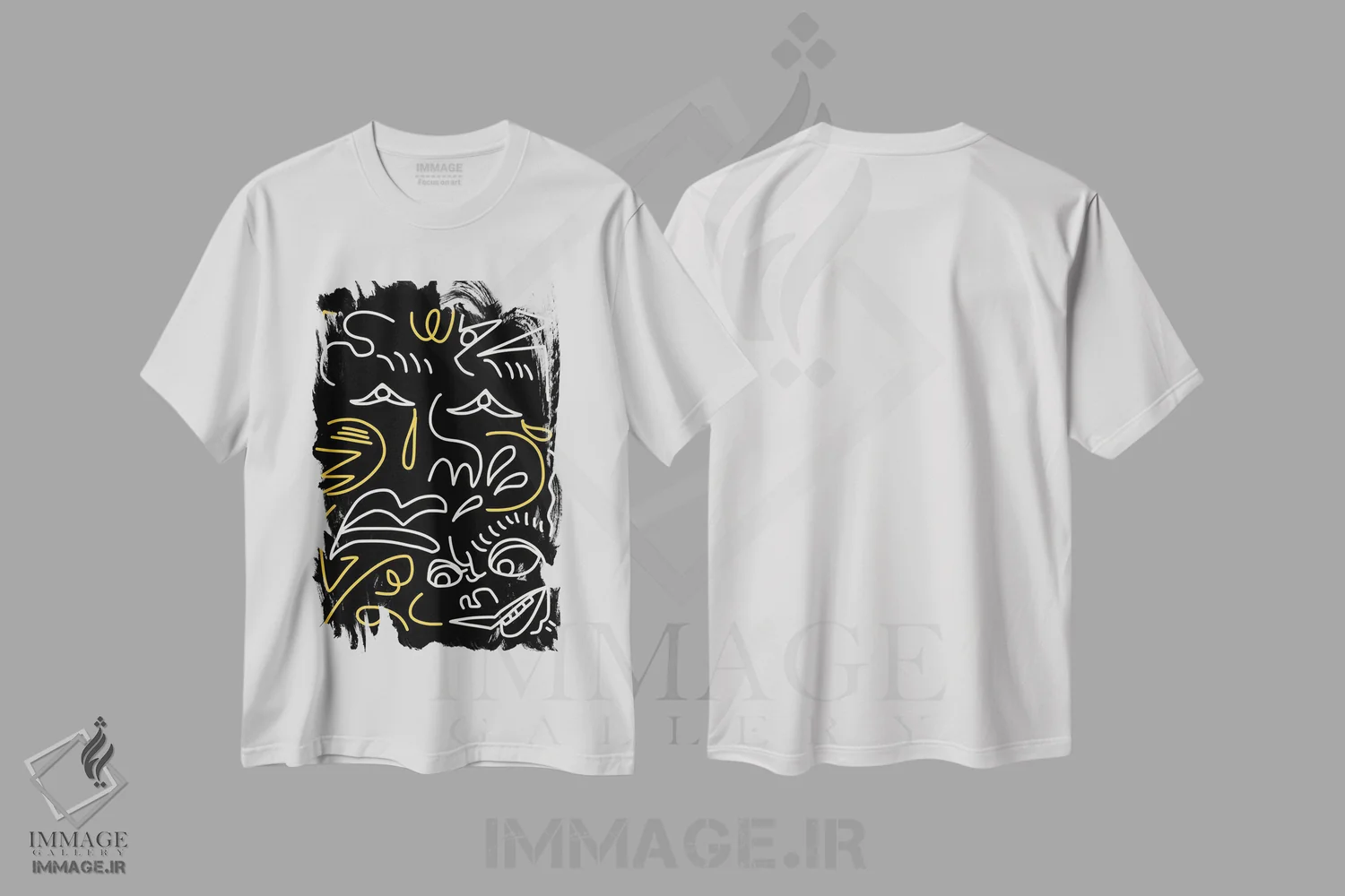 تیشرت سفید طرح دار پرتره ها و چهره ها با خطوط هنری، آبستره اثر لیتل دین | فروشگاه ایماژ