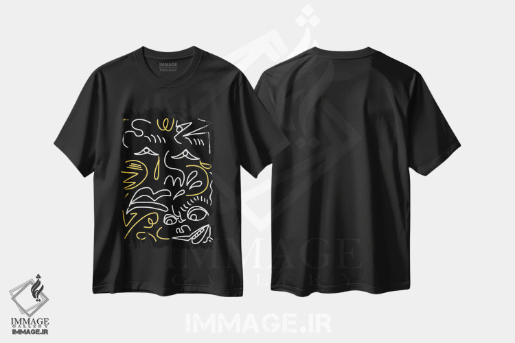 تیشرت مشکی طرح دار پرتره ها و چهره ها با خطوط هنری، آبستره اثر لیتل دین | immage.ir