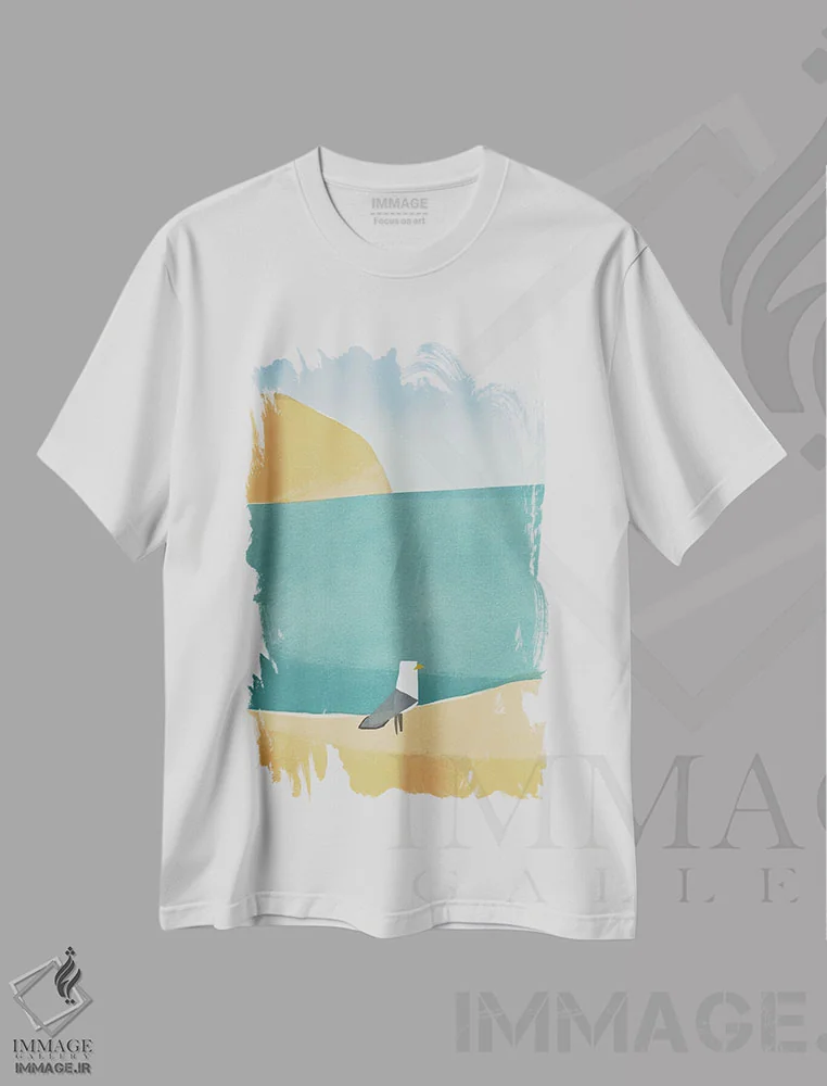 تیشرت سفید طرح دار مرغ دریایی تنها، آبستره اثر لیتل دین | immage.ir