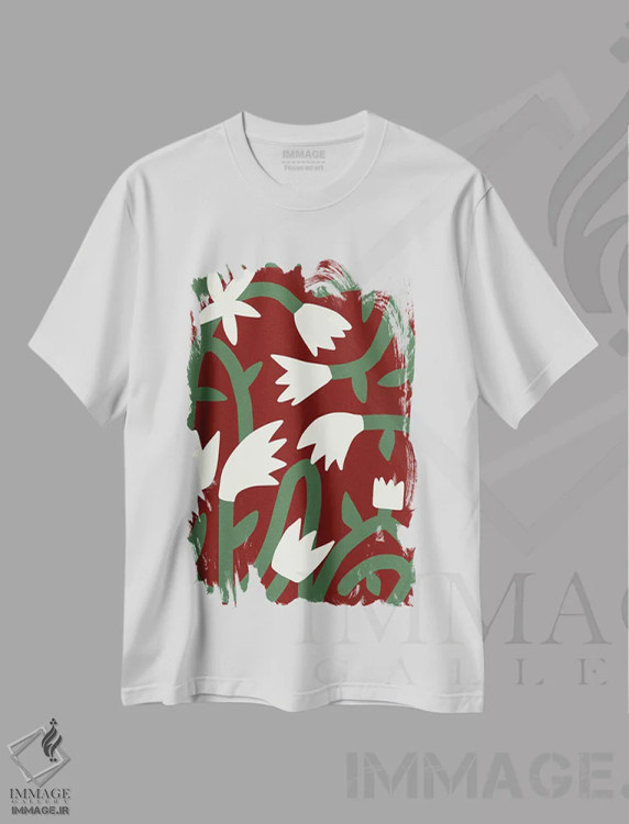تیشرت سفید طرح دار تاک شکوفه ارغوانی، آبستره اثر لیتل دین | immage.ir