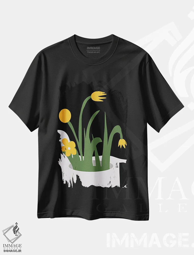 تیشرت مشکی طرح دار تندیس انتزاعی و گل های زرد، تزئینی اثر لیتل دین | immage.ir