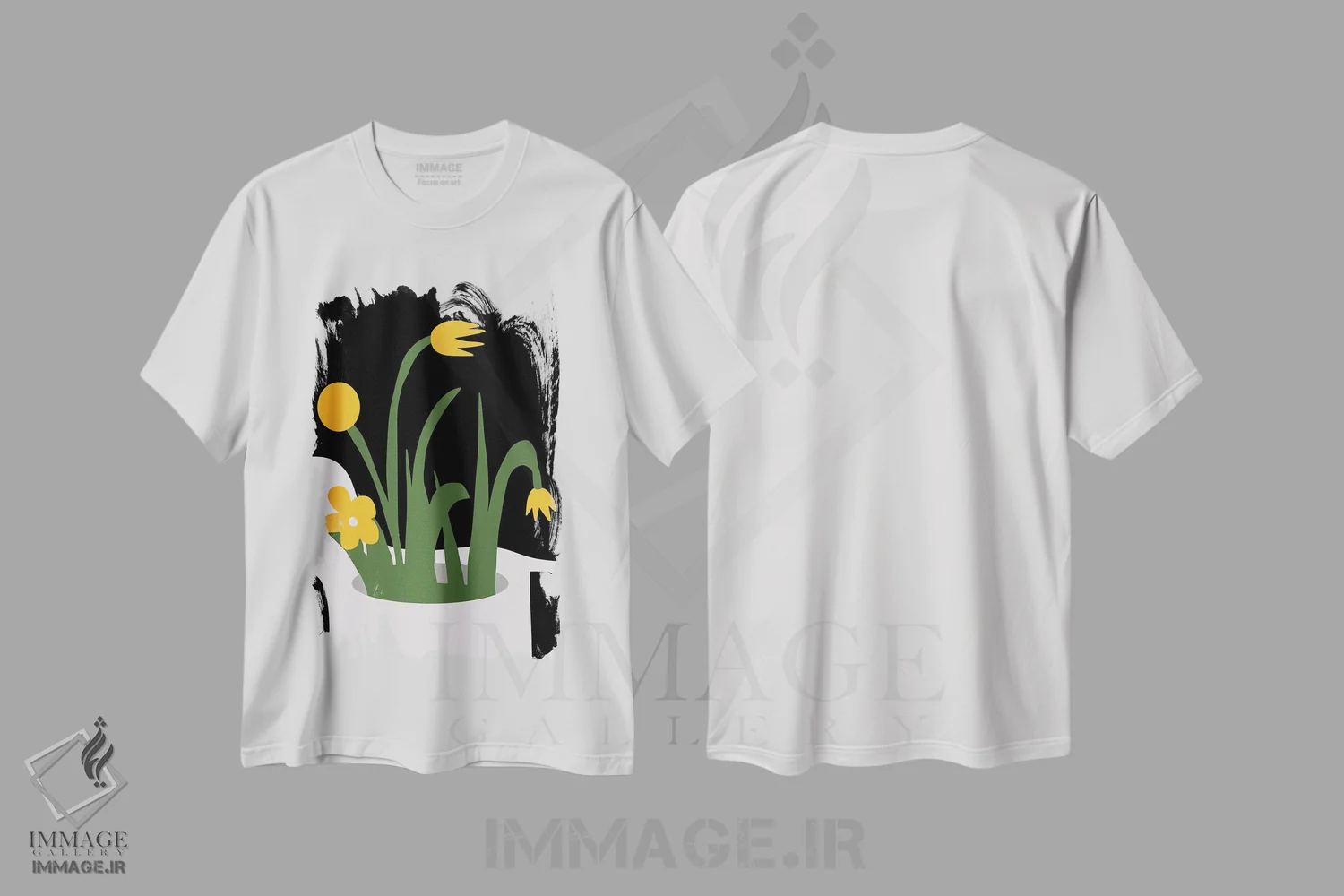 تیشرت سفید طرح دار تندیس انتزاعی و گل های زرد، تزئینی اثر لیتل دین | فروشگاه ایماژ