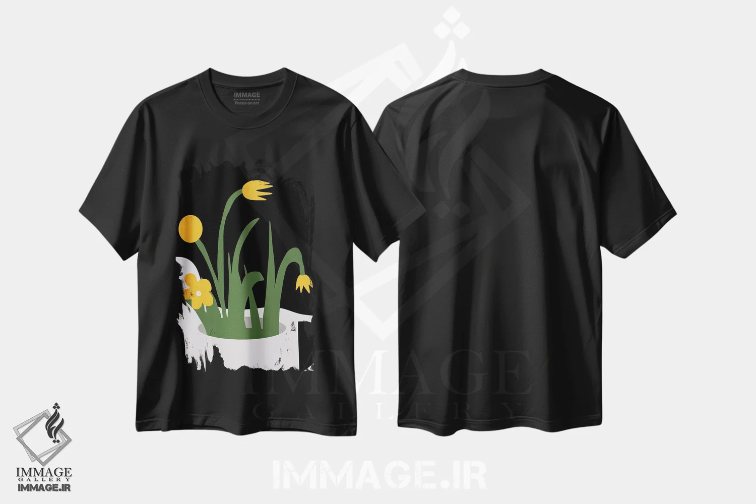 تیشرت مشکی طرح دار تندیس انتزاعی و گل های زرد، تزئینی اثر لیتل دین | immage.ir
