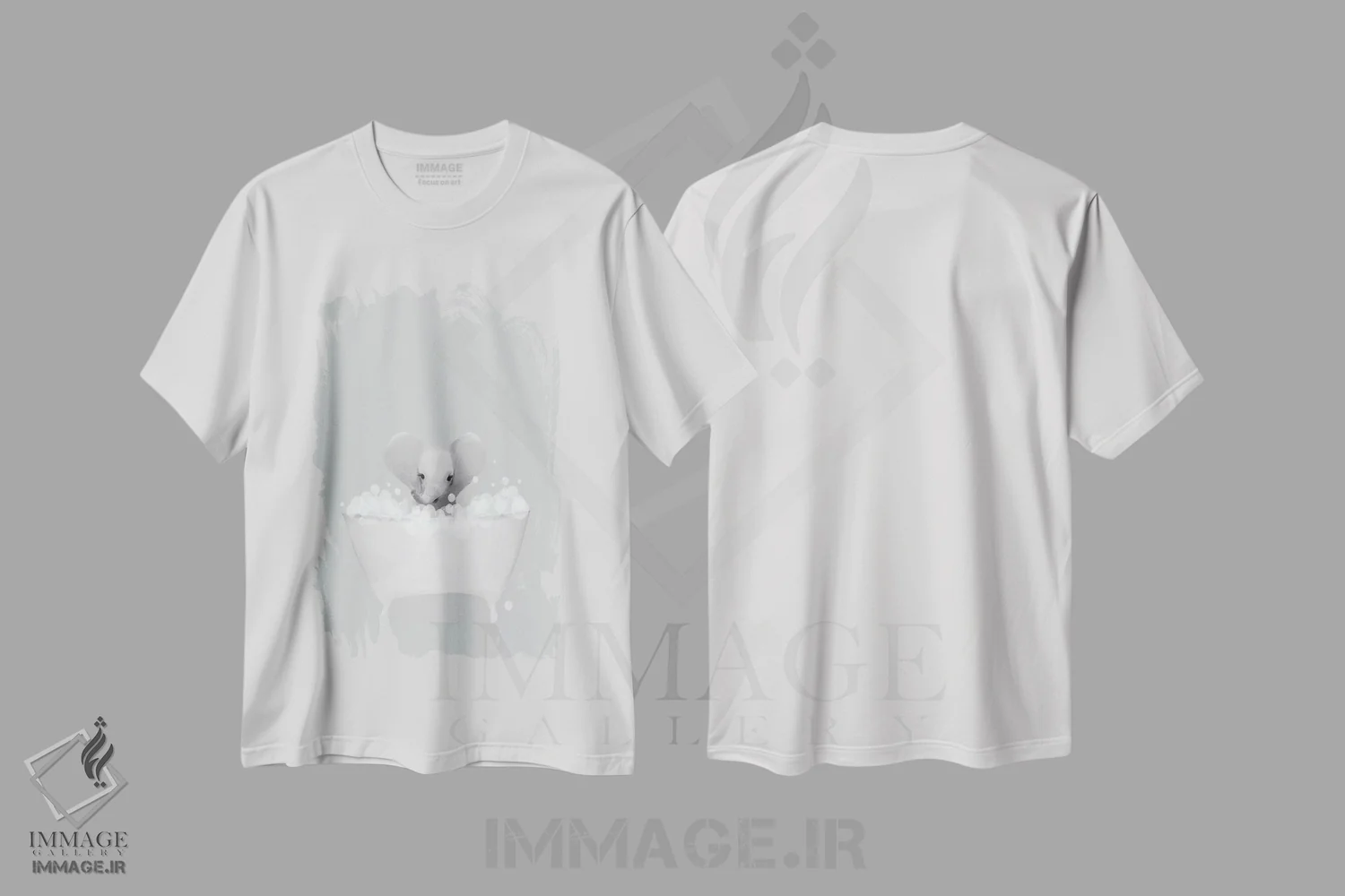 تیشرت سفید طرح دار فیل در حمام آبی، تزئینی اثر لیا استراتسما | فروشگاه ایماژ