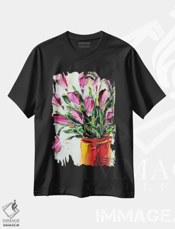 تیشرت مشکی طرح دار لاله های صورتی I، دکور معاصر اثر لیزا الی | فروشگاه ایماژ