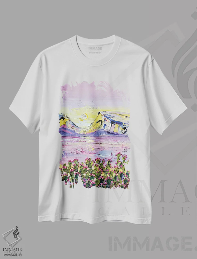 تیشرت سفید طرح دار رویای بیابان، آبستره اثر لیزا الی | فروشگاه ایماژ