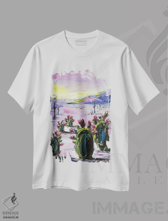تیشرت سفید طرح دار اشتیاق بیابان، آبستره اثر لیزا الی | immage.ir