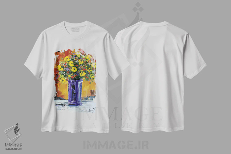 تیشرت سفید طرح دار گل های بهاری، آبستره اثر لیزا الی | فروشگاه ایماژ