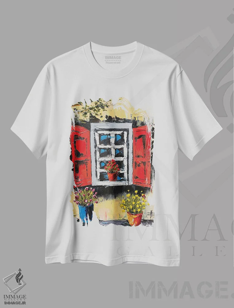تیشرت سفید طرح دار پنجره ایتالیایی، دکور معاصر اثر لیزا الی | فروشگاه ایماژ