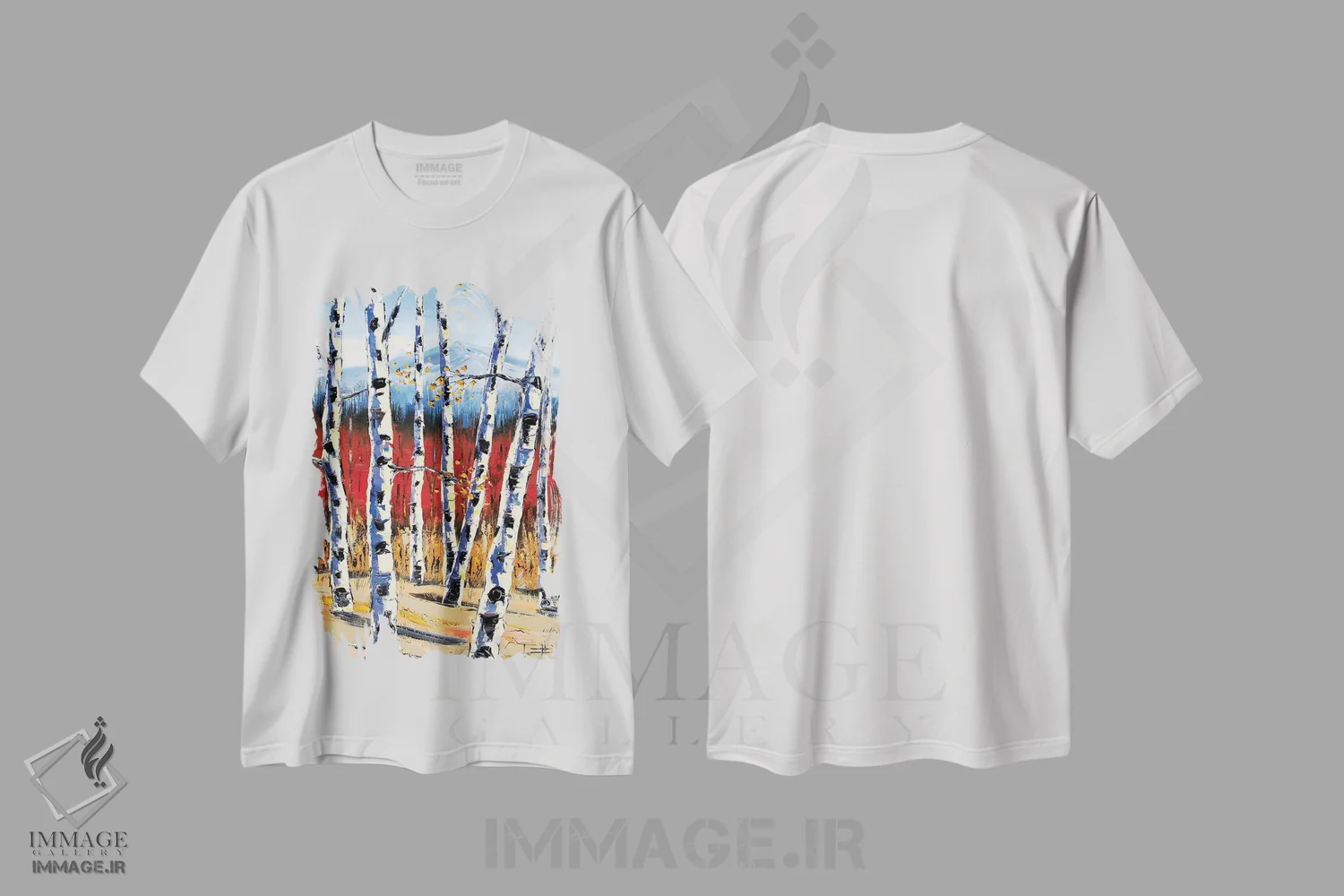 تیشرت سفید طرح دار منظره توس، دکور کلبه و لژ اثر لیزا الی | فروشگاه ایماژ