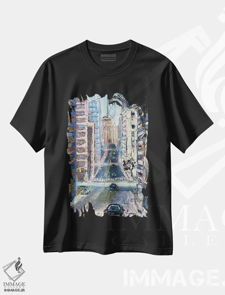 تیشرت مشکی طرح دار سان فرانسیسکو و پل خلیج، هنر فاخر معاصر اثر لیزا الی | فروشگاه ایماژ